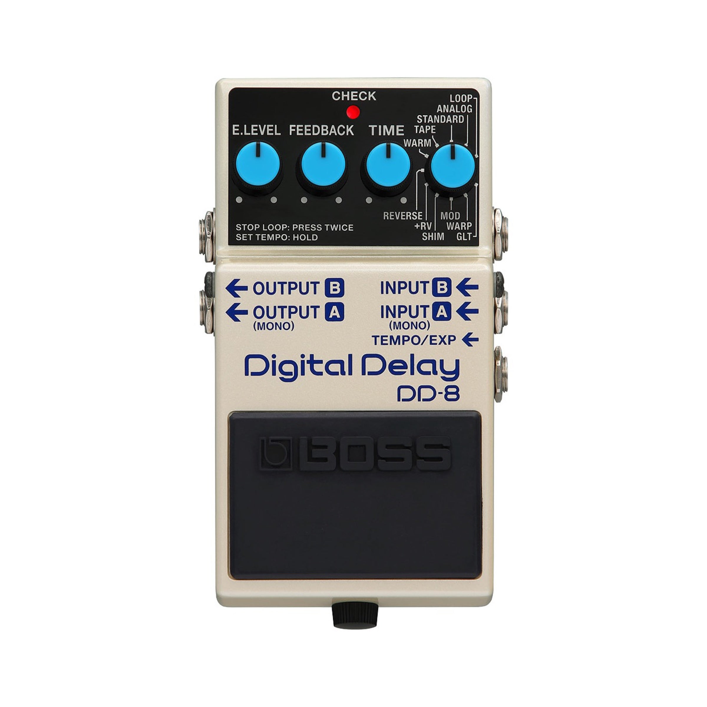 Boss DD-8 pedal, black enclosure with MODE, TIME, FEEDBACK, and E.LEVEL knobs