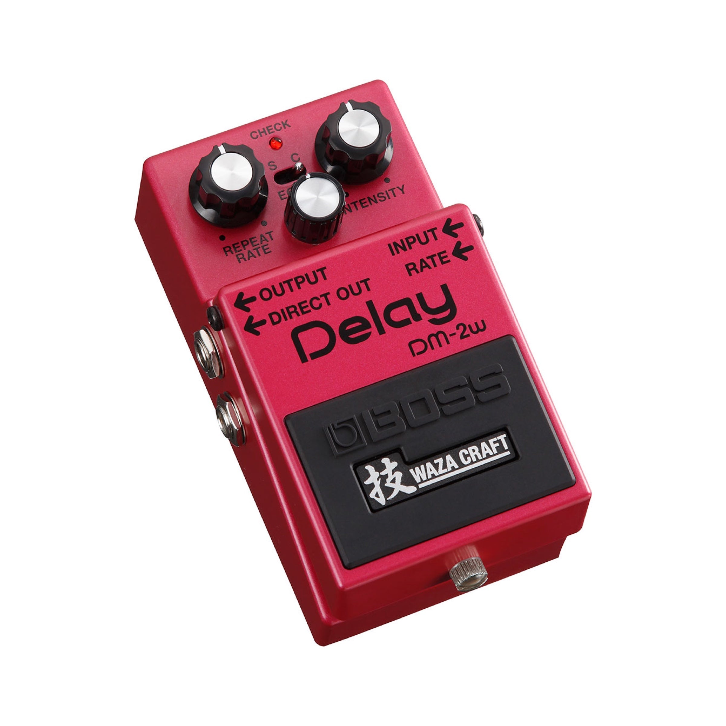 Boss DM-2W Delay angled three-quarter view showing the Direct Out and Rate expression jacks on the side