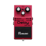 Boss DM-2W Waza Craft Delay, red enclosure, top view showing Repeat Rate, Echo and Intensity knobs and the Standard/Custom toggle