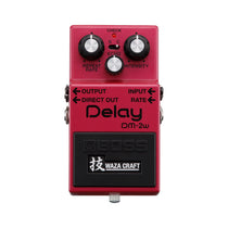 Boss DM-2W Waza Craft Delay, red enclosure, top view showing Repeat Rate, Echo and Intensity knobs and the Standard/Custom toggle