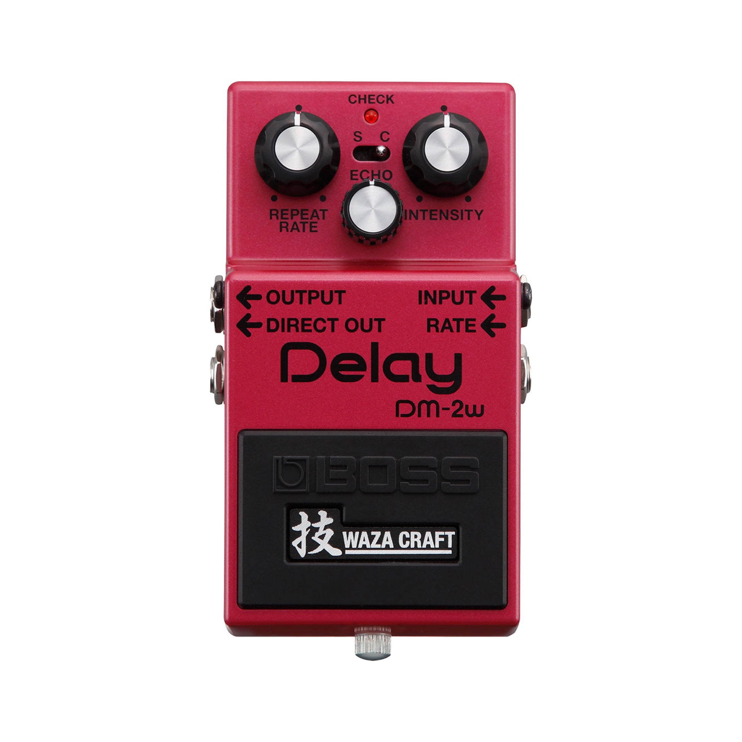 Boss DM-2W Waza Craft Delay, red enclosure, top view showing Repeat Rate, Echo and Intensity knobs and the Standard/Custom toggle