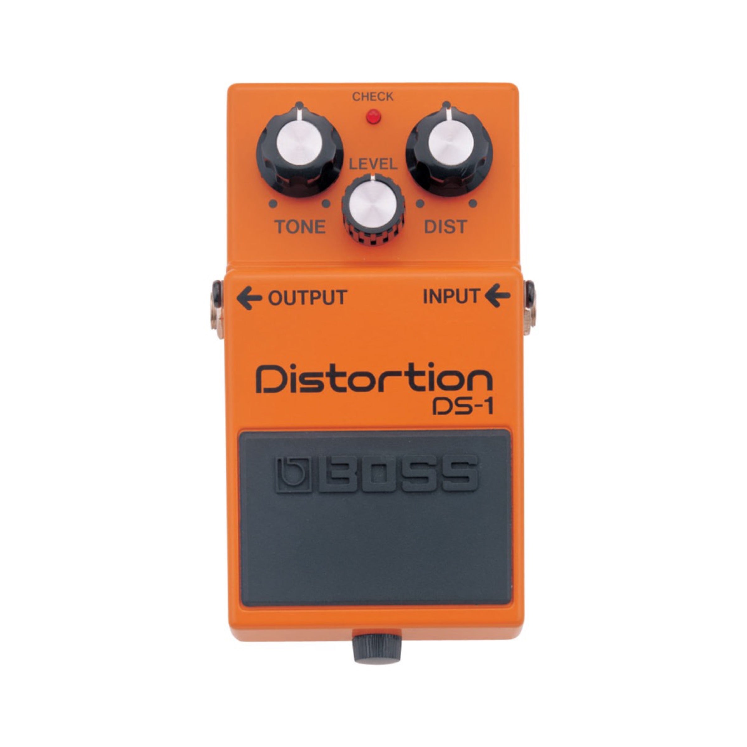 Boss DS-1 Distortion pedal, black enclosure with TONE, LEVEL, and DIST knobs.
