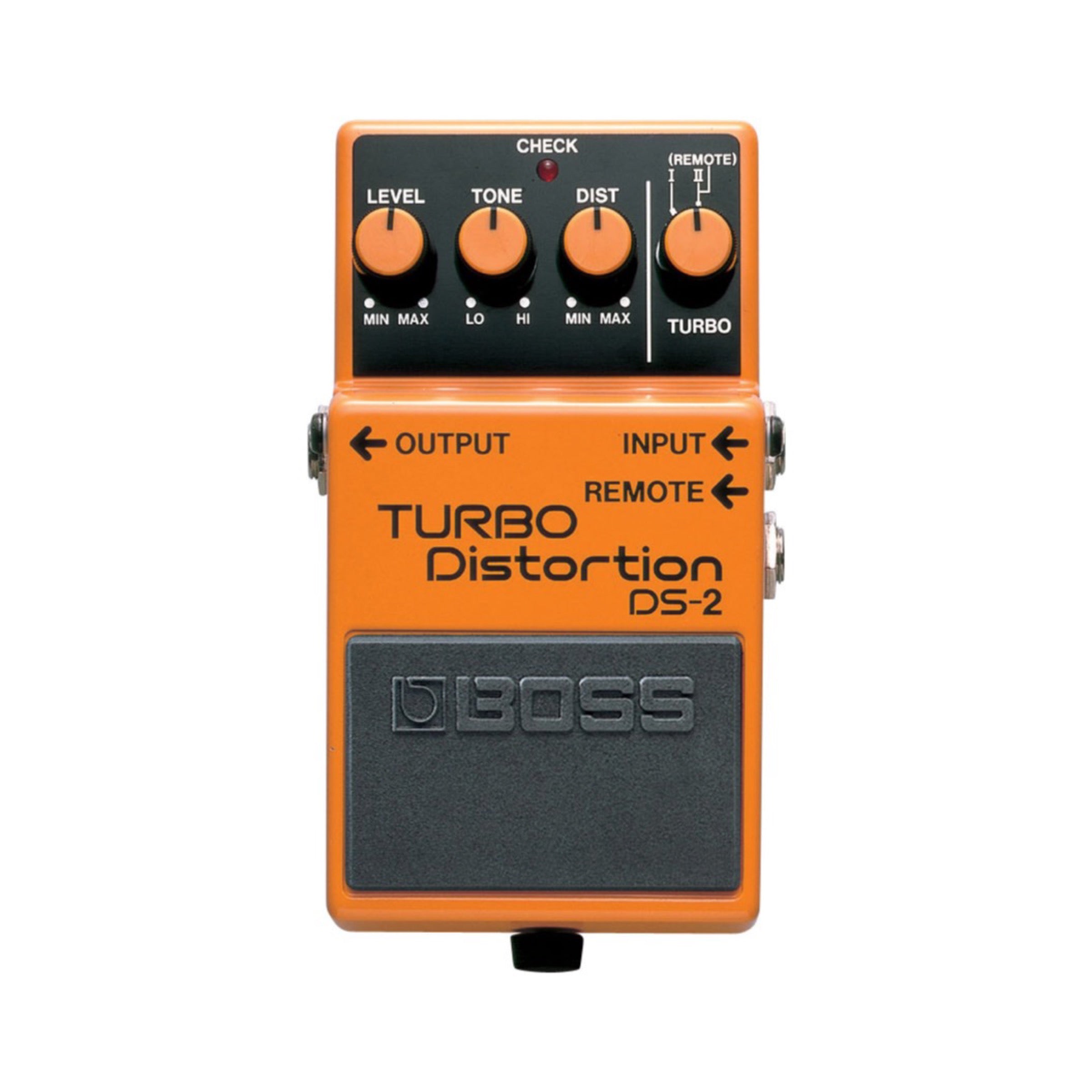 Boss DS-2 TURBO Distortion pedal, gray enclosure with TURBO selector knob, DIST knob, TONE knob, LEVEL knob