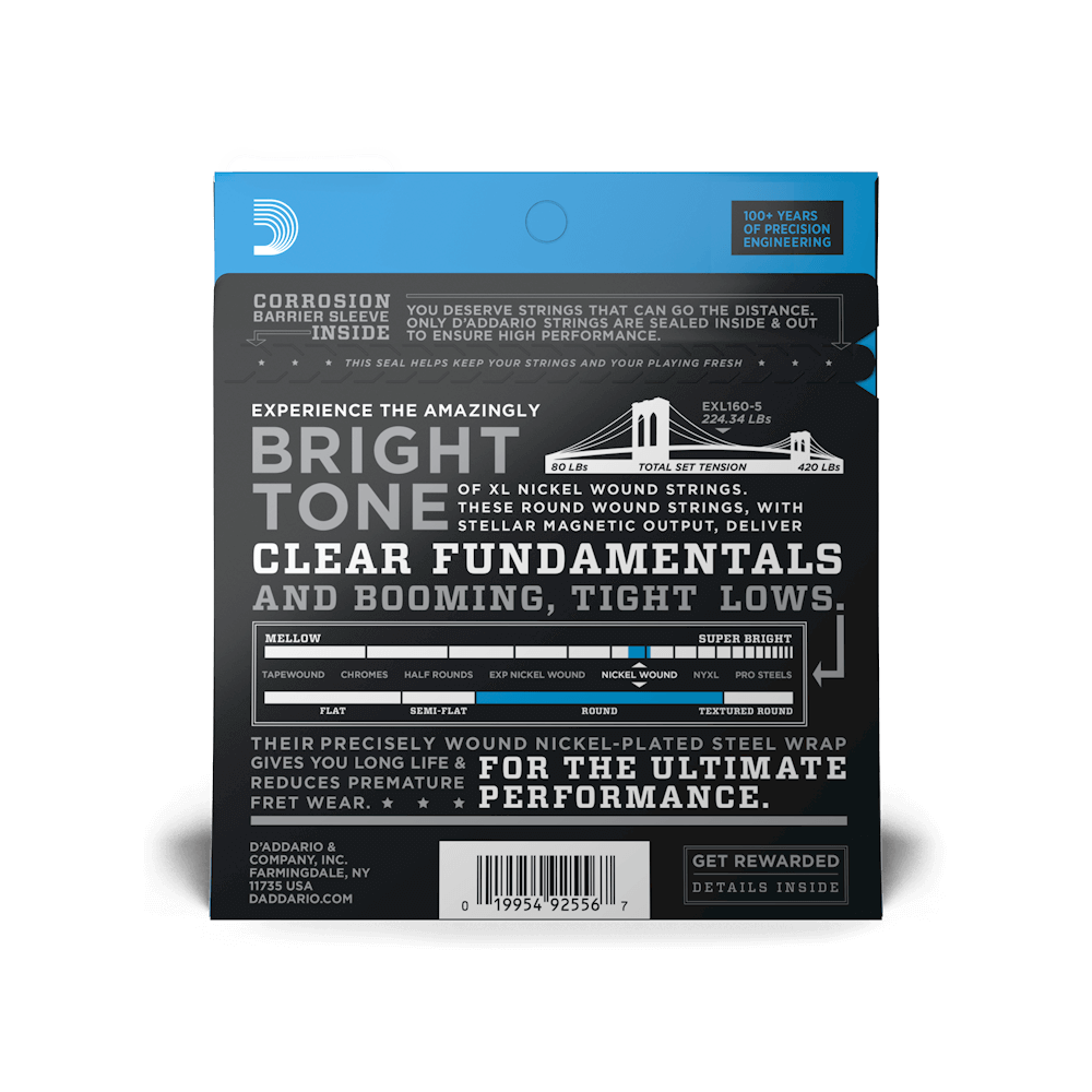 D'Addario EXL160-5 – XL Nickel 5-String Bass Strings, Long Scale (50-135), detail view 2
