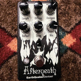 EarthQuaker Devices Afterneath V3, black: top with the Length, Diffuse, Dampen, Reflect, Drag and Mix knobs, the Mode knob, the white cave artwork, the LED and the footswitch