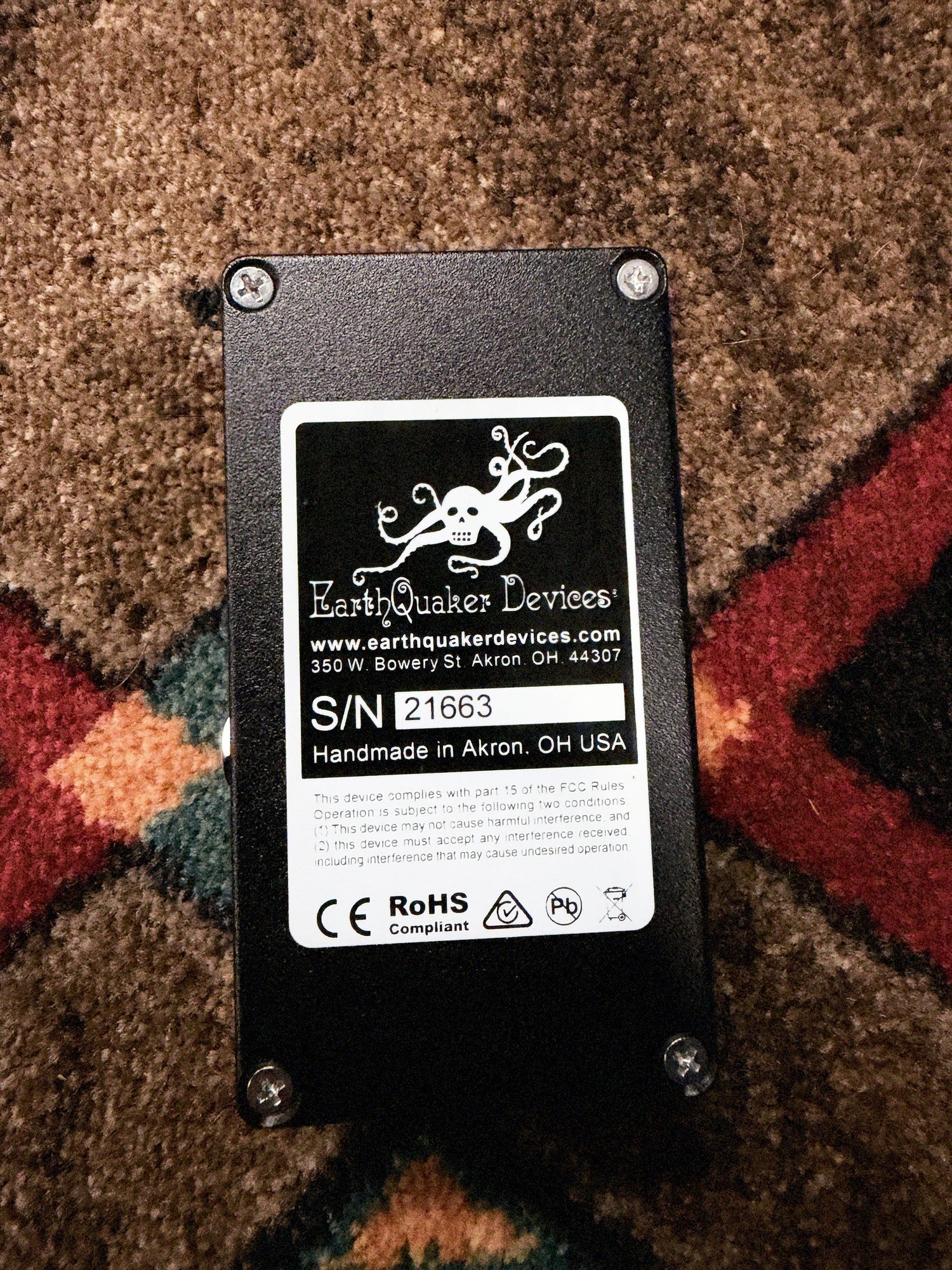 EarthQuaker Devices Afterneath V3, black: bottom plate with the EarthQuaker Devices label, serial number 21663 and Handmade in Akron, OH USA
