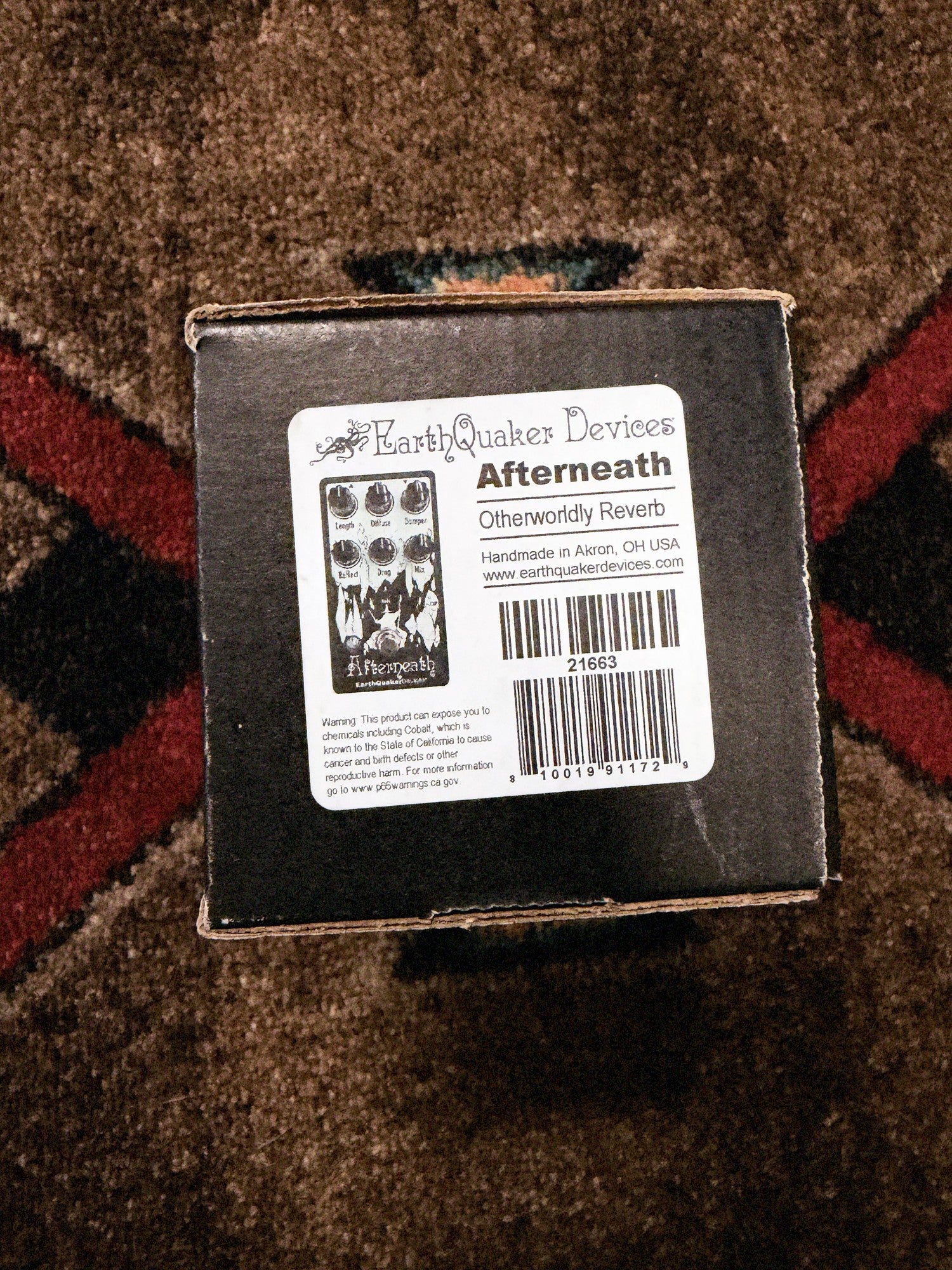 EarthQuaker Devices Afterneath V3, black: original box label reading Afterneath Otherworldly Reverb, numbered 21663 like the pedal