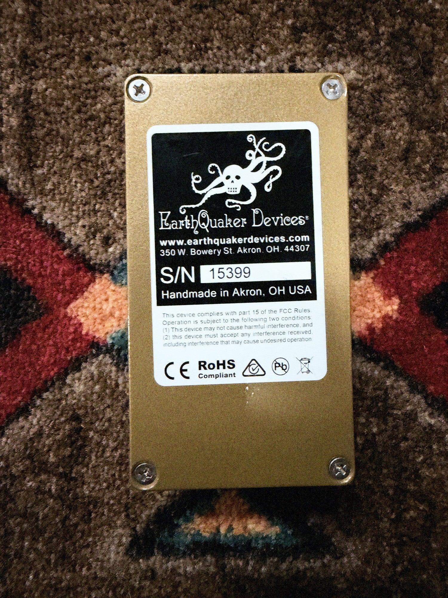EarthQuaker Devices Hoof V2, gold: bottom plate with the EarthQuaker Devices label, serial number 15399 and Handmade in Akron, OH USA