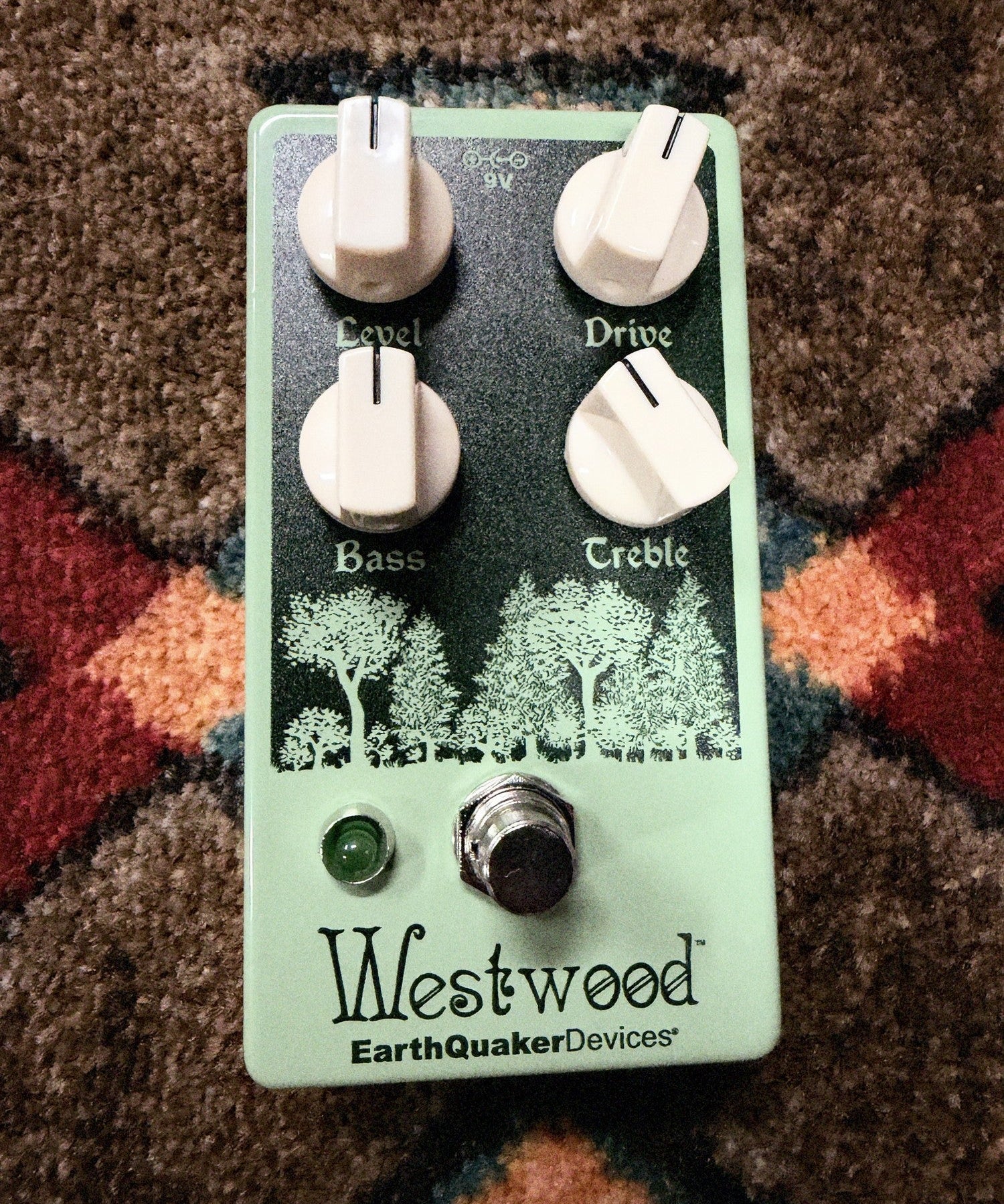 EarthQuaker Devices Westwood, seafoam green: top with the Level, Drive, Bass and Treble knobs, the forest artwork, the green LED and the footswitch