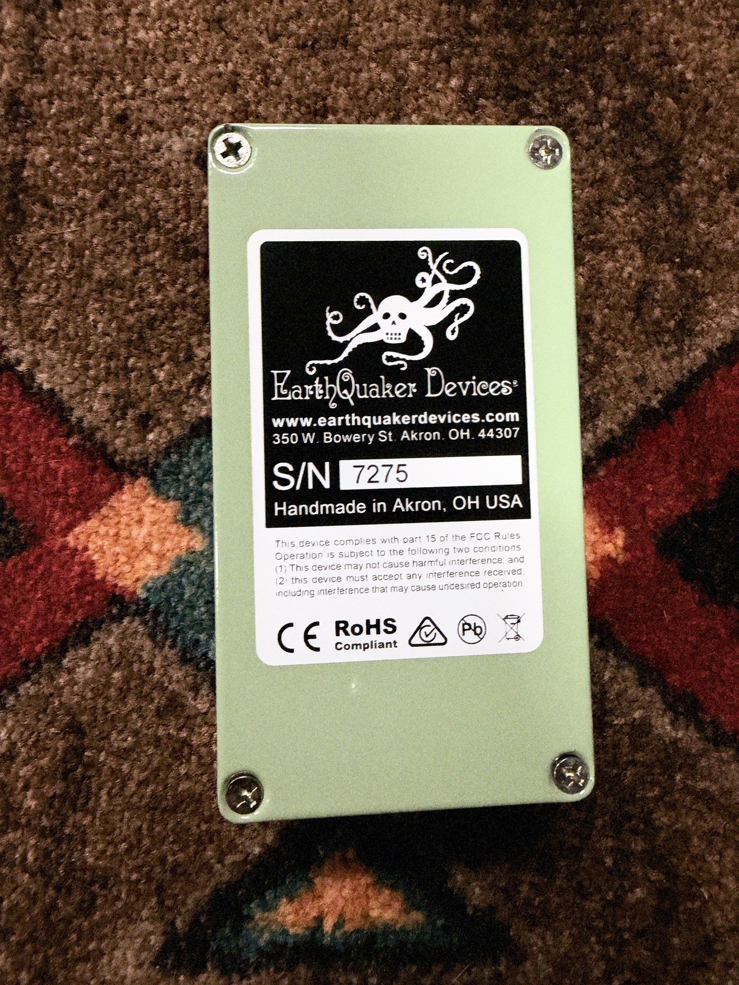 EarthQuaker Devices Westwood, seafoam green: bottom plate with the EarthQuaker Devices label, serial number 7275 and Handmade in Akron, OH USA