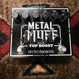 Electro-Harmonix Metal Muff with Top Boost, black: top with the six knobs, the Boost and Bypass footswitches and Made in NYC, USA