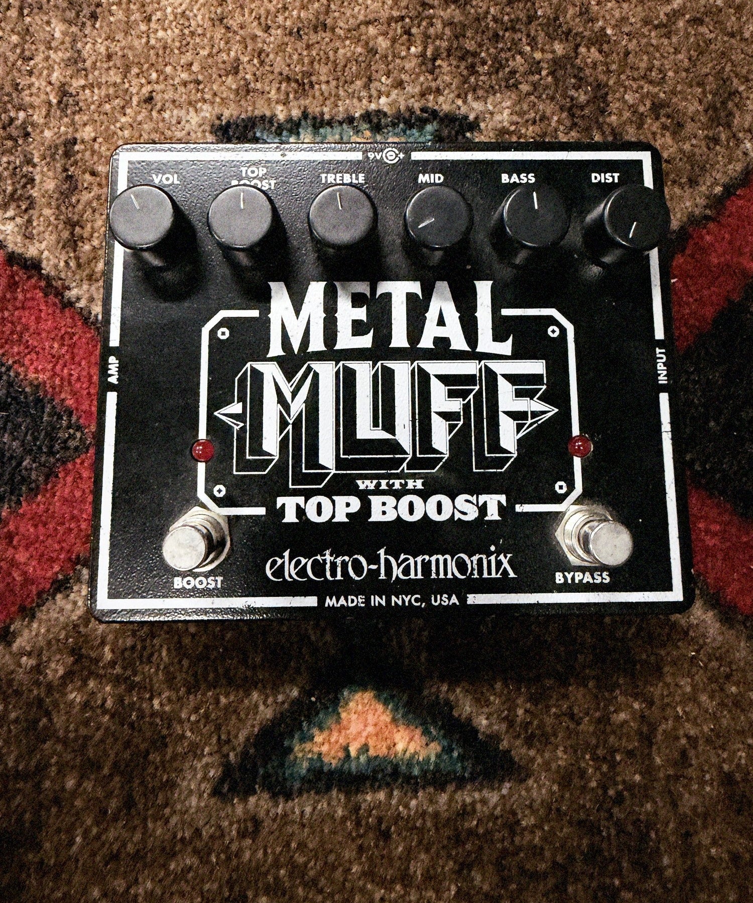 Electro-Harmonix Metal Muff with Top Boost, black: top with the six knobs, the Boost and Bypass footswitches and Made in NYC, USA