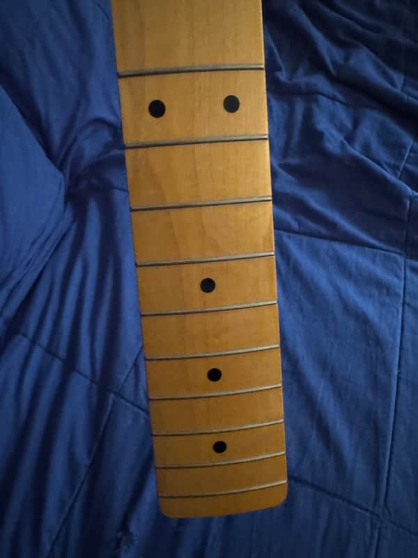 1990s Fender 51 Precision Bass - upper frets and dots close-up - Pauls Guitar Hideout