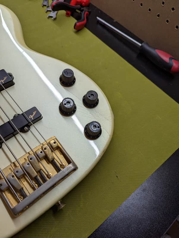 1989 Fender Precision Bass Lyte MIJ - controls and bridge close-up - Pauls Guitar Hideout