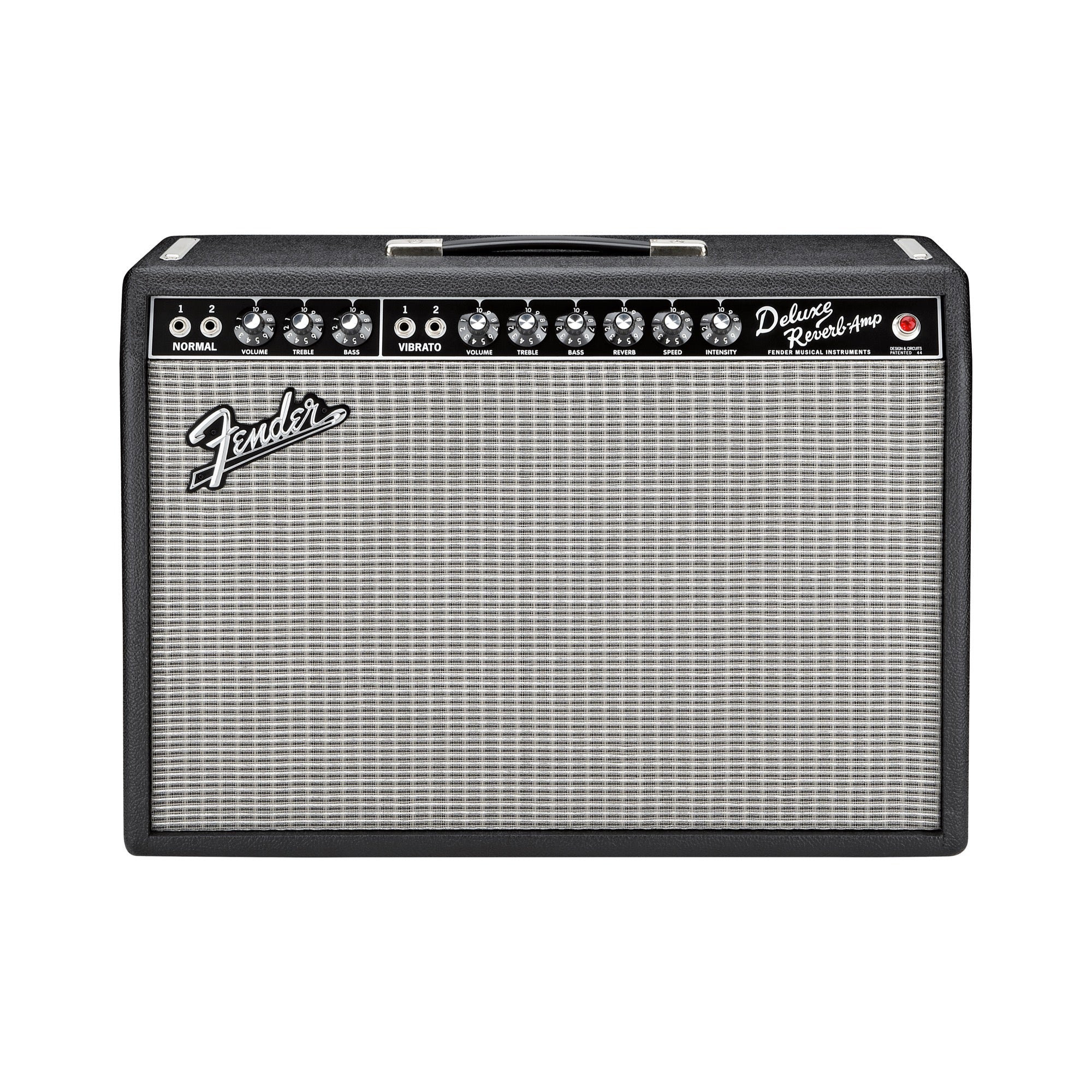 Fender '65 Deluxe Reverb 1x12 tube combo amp, front view with the black control panel and silver grille