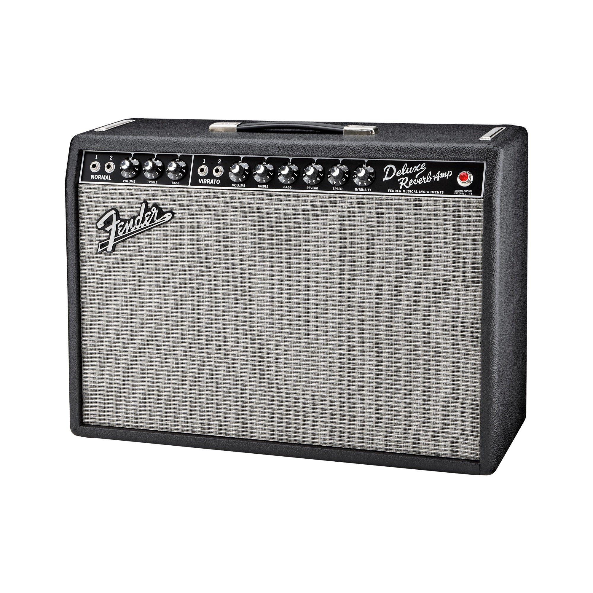 Fender '65 Deluxe Reverb combo amp from the front left, black textured vinyl cabinet with the Fender logo on the silver grille