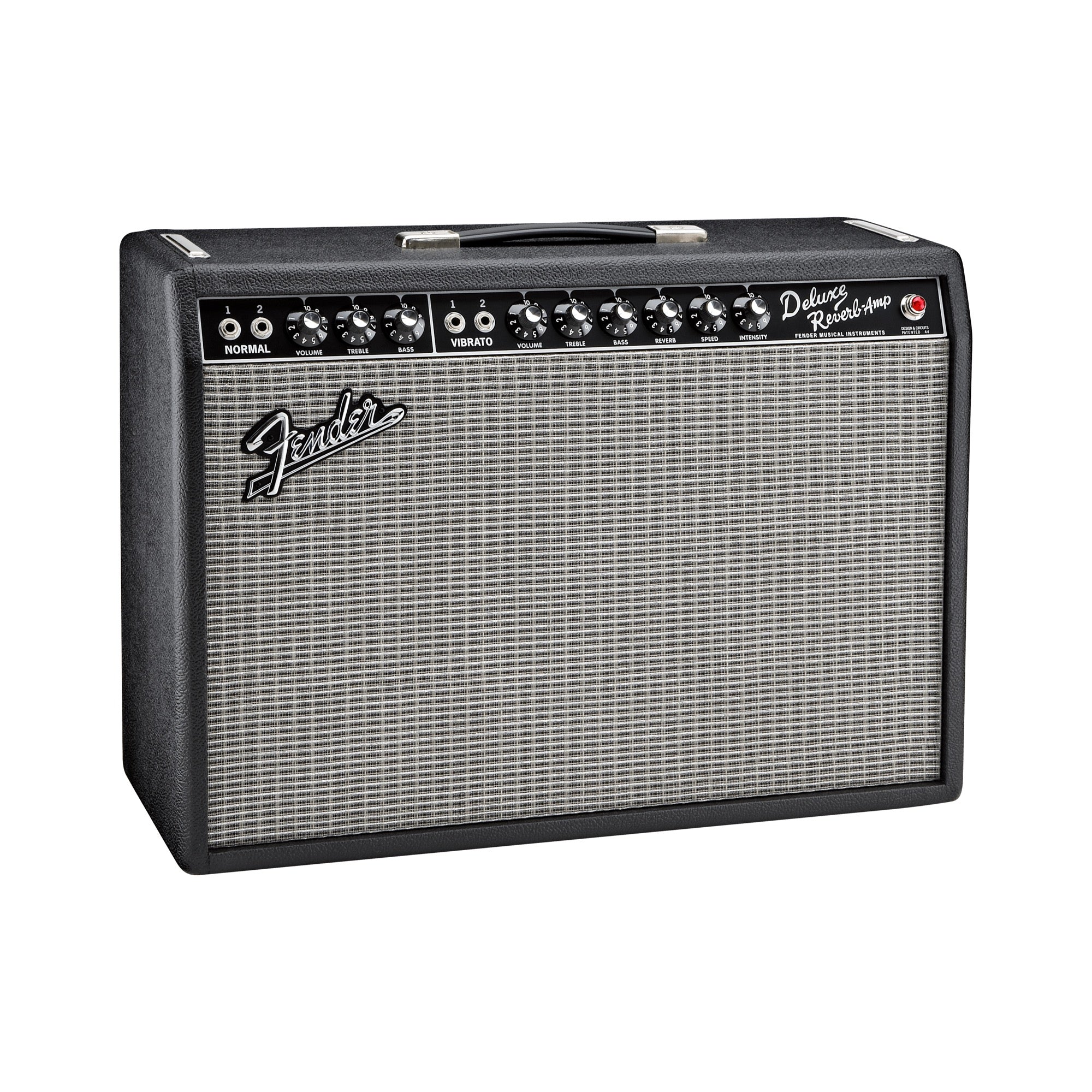 Fender '65 Deluxe Reverb combo amp from the front right, showing the Normal and Vibrato channel controls and red jewel light