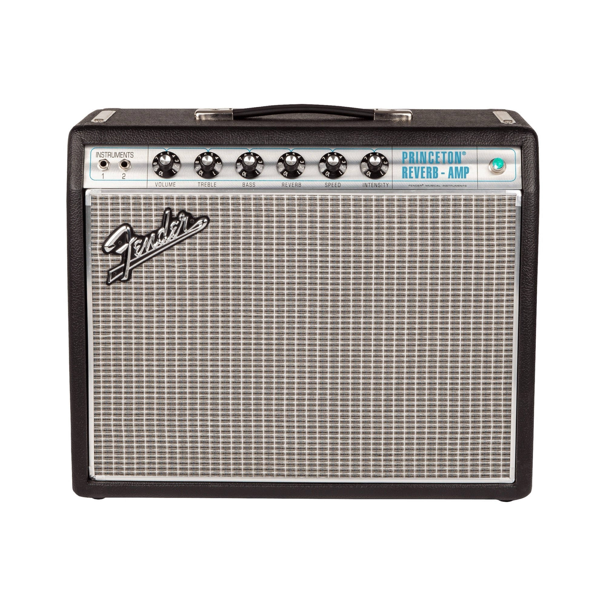 Fender '68 Custom Princeton Reverb 1x10 tube combo amp, front view with the silver and turquoise control panel and silver grille