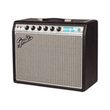 Fender '68 Custom Princeton Reverb from the front left, black vinyl cabinet with the Fender logo on the grille and the blue jewel light