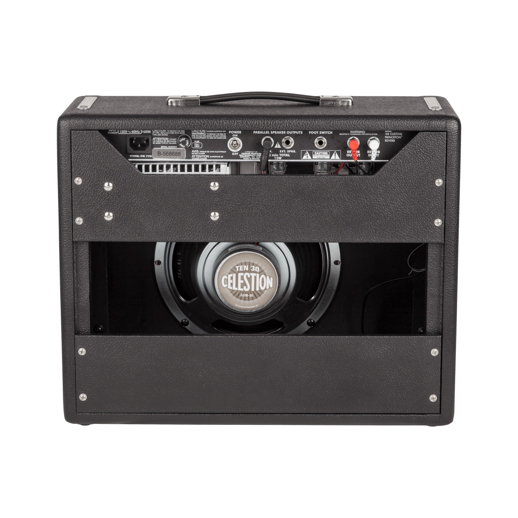 Fender '68 Custom Princeton Reverb rear view with the back panel open on the Celestion TEN 30 speaker, power switch, speaker outputs and footswitch jack