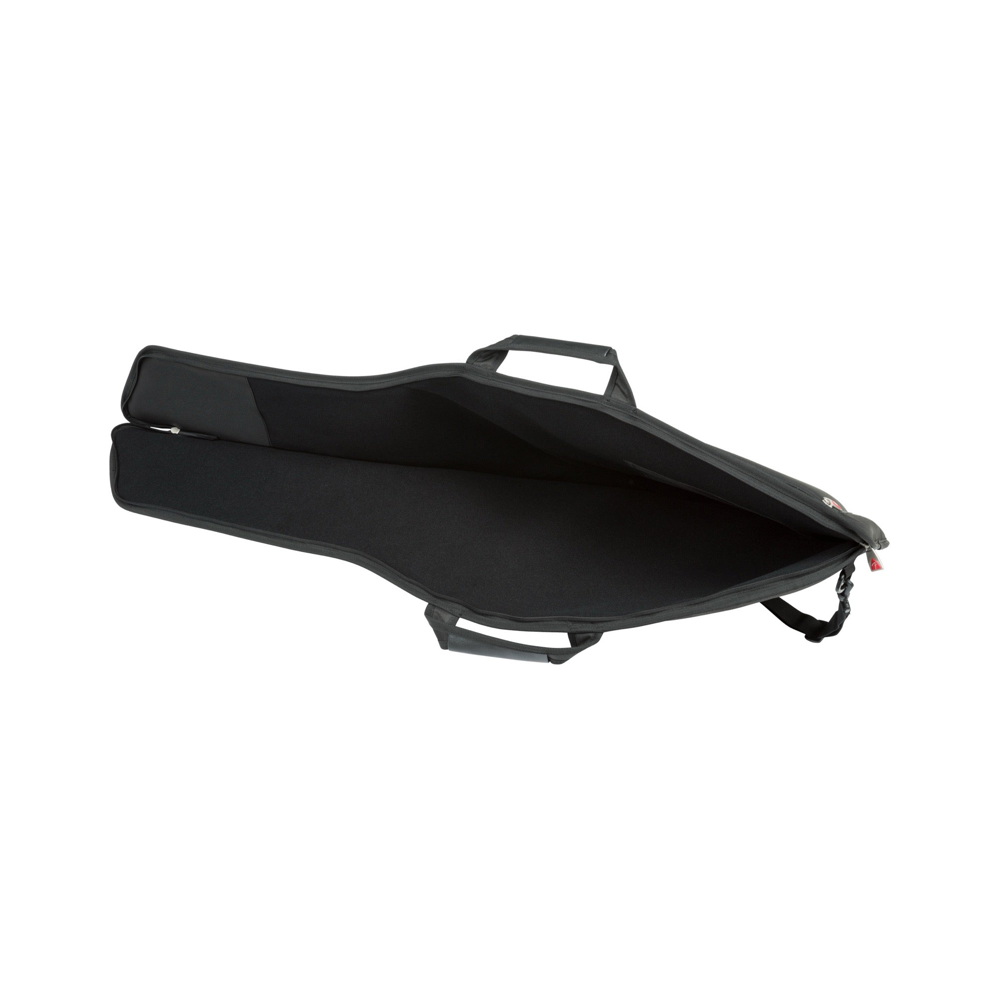 Fender FESS610 short scale electric guitar gig bag in black, open with the microfiber lining showing