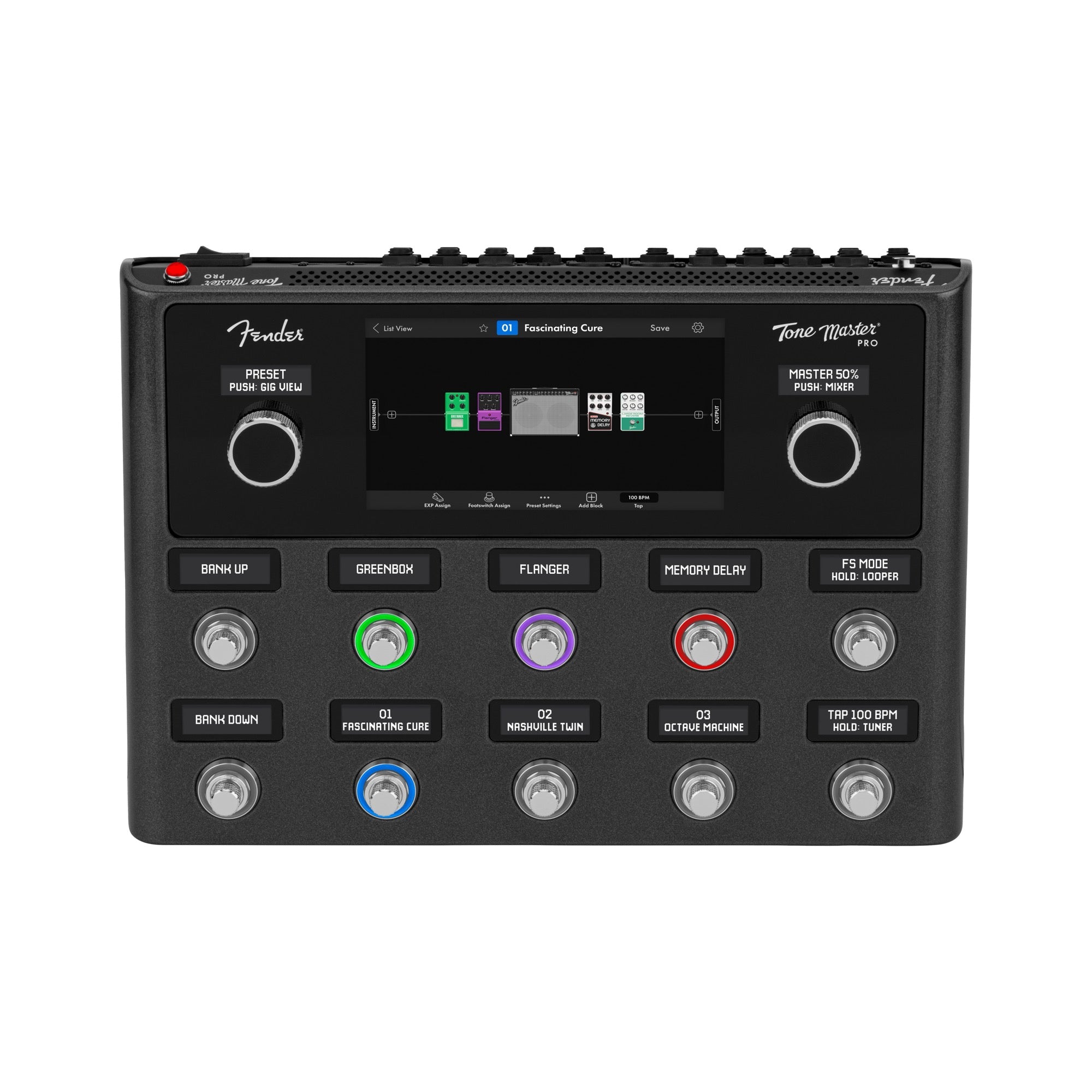 Fender Tone Master Pro floor multi-effects unit from above, 7-inch touchscreen, two knobs and ten footswitches with LCD labels