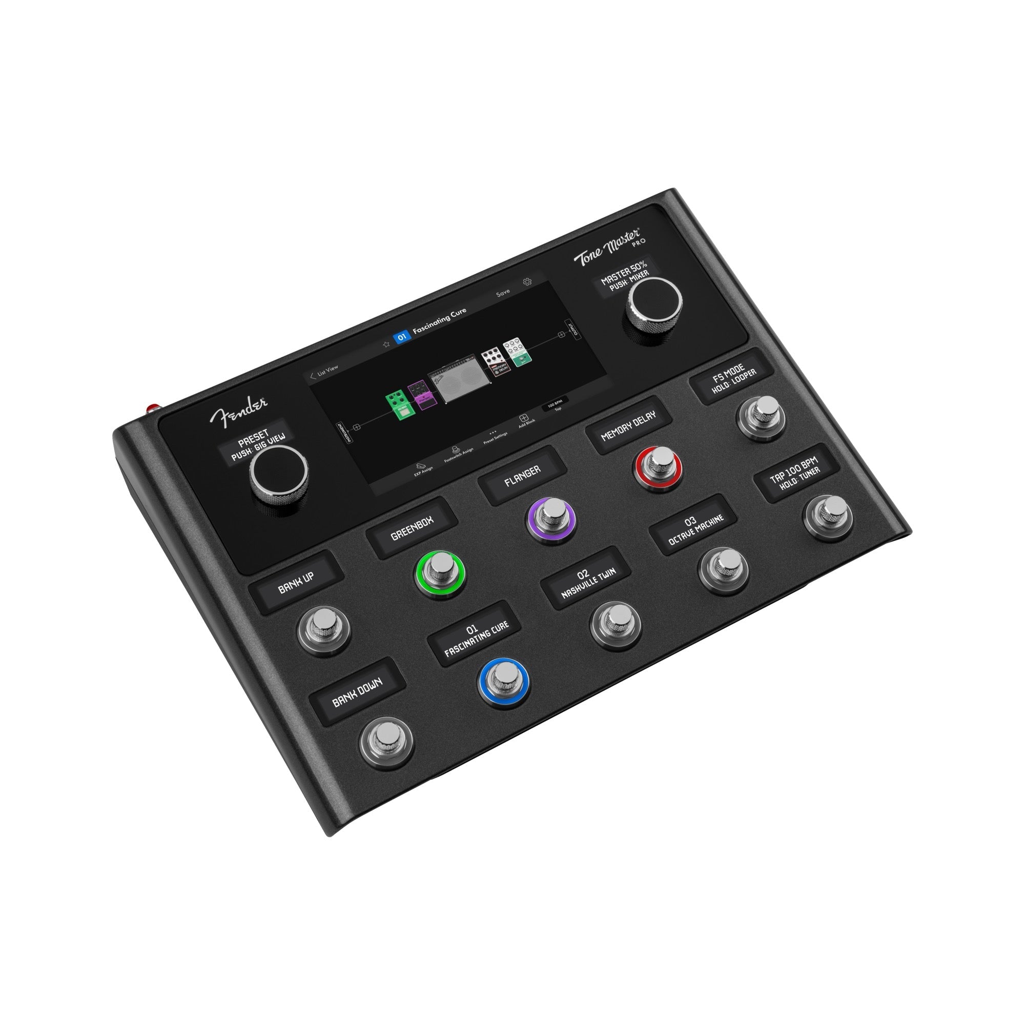 Fender Tone Master Pro at an angle, black housing with the touchscreen and colored footswitch rings
