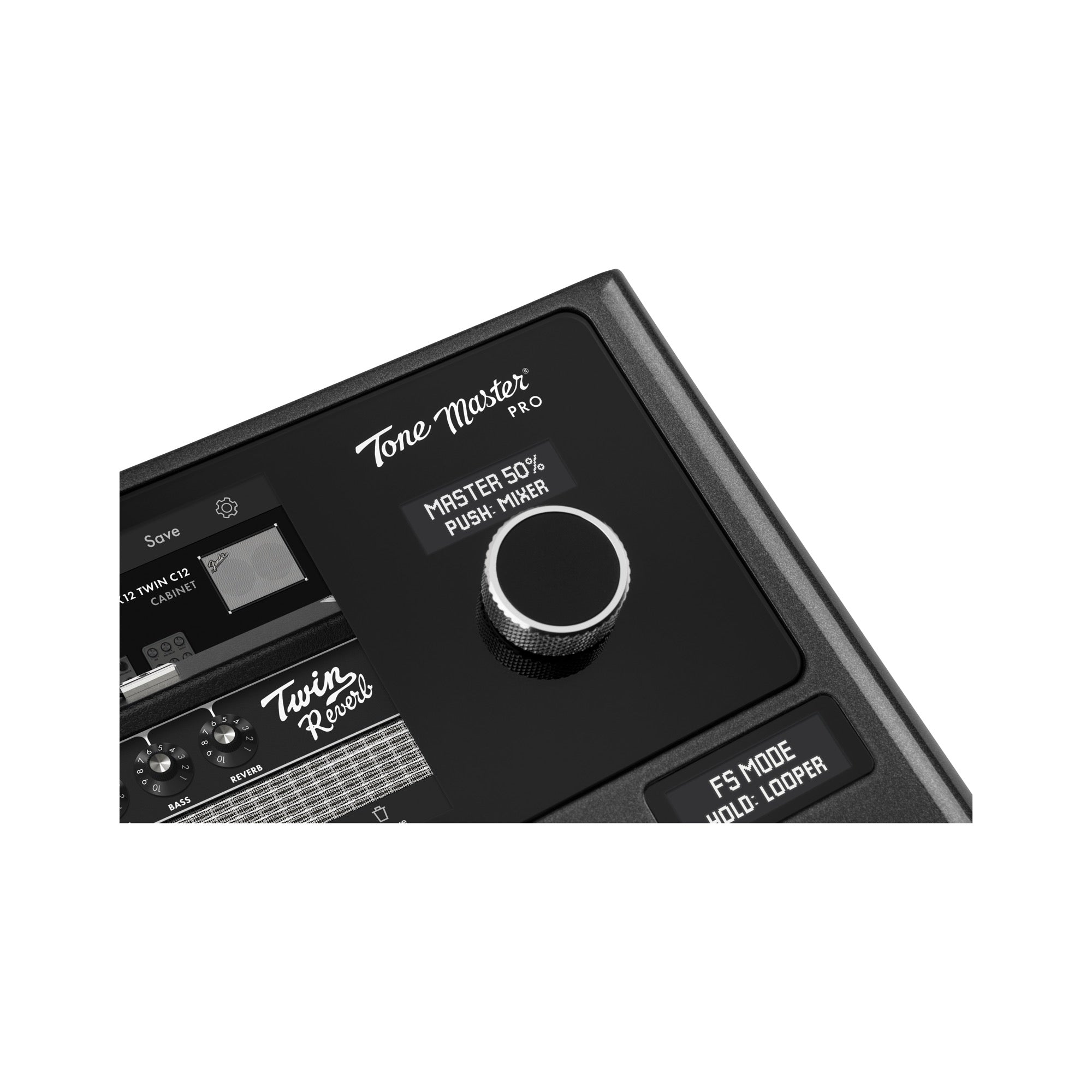 Fender Tone Master Pro close-up of the master volume knob and Tone Master Pro logo beside the screen