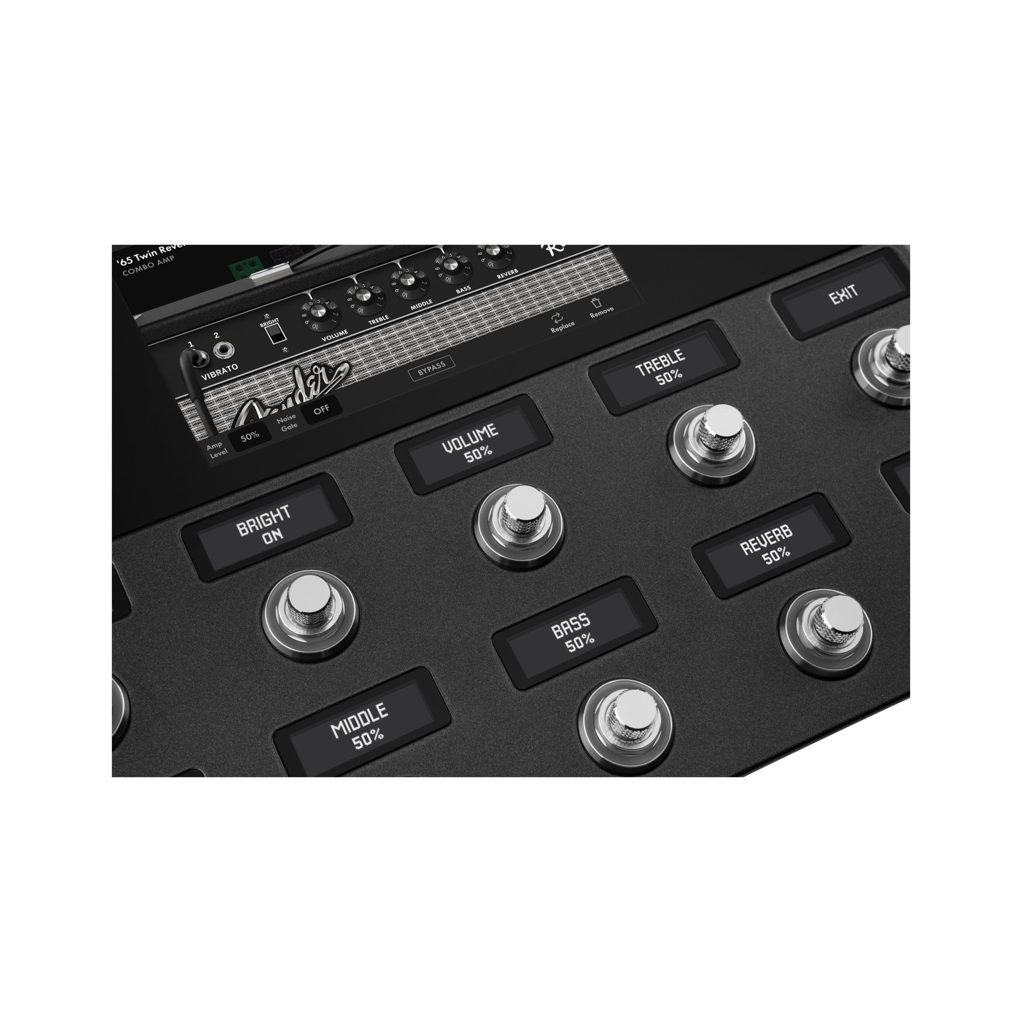 Fender Tone Master Pro footswitches close-up, LCD labels showing amp controls for volume, treble, middle, bass and reverb