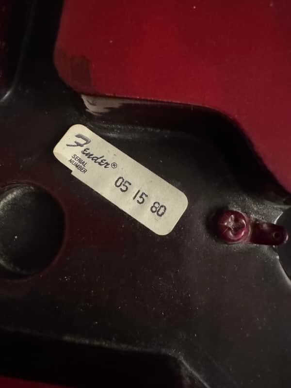 Late 70s Fender Lead Body Red - cavity serial number sticker - Pauls Guitar Hideout