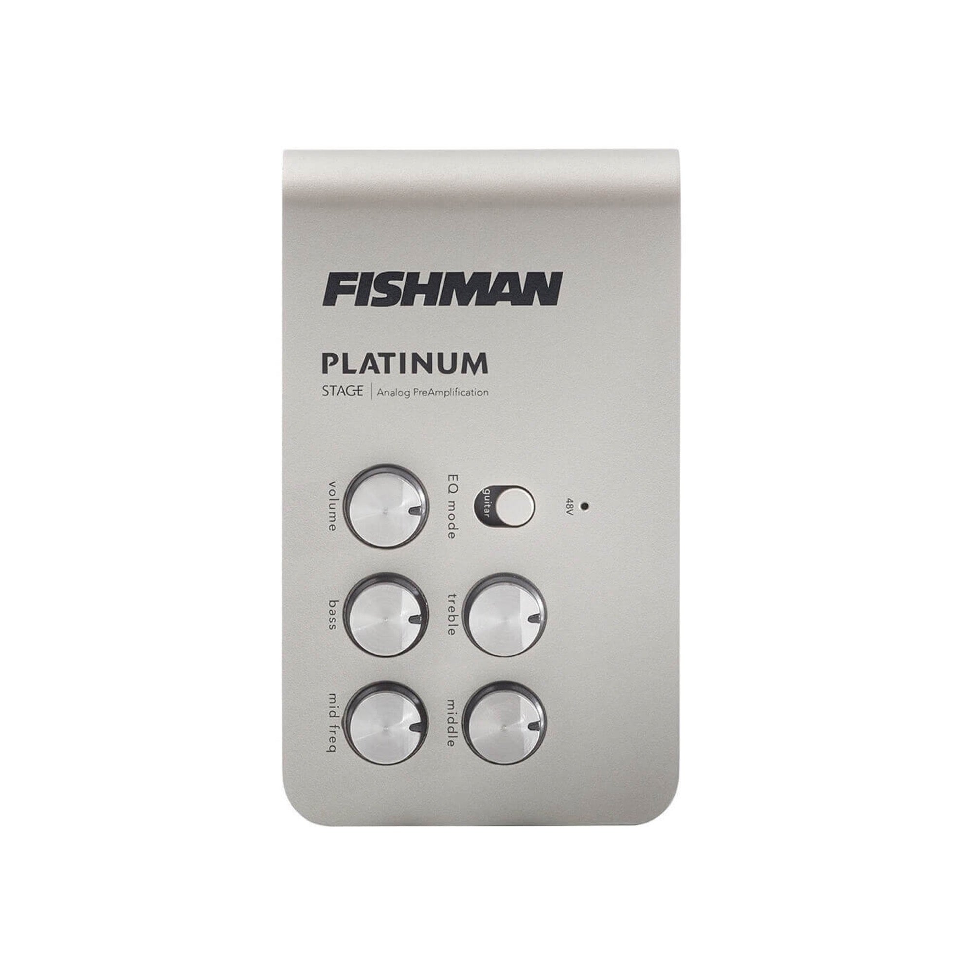 Fishman Platinum Stage EQ/DI preamp, front panel with volume, EQ mode switch, bass, treble, mid freq and middle knobs