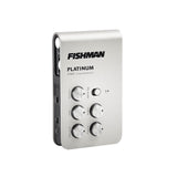 Fishman Platinum Stage EQ/DI preamp, three-quarter view of the brushed silver face and the boost button on the side