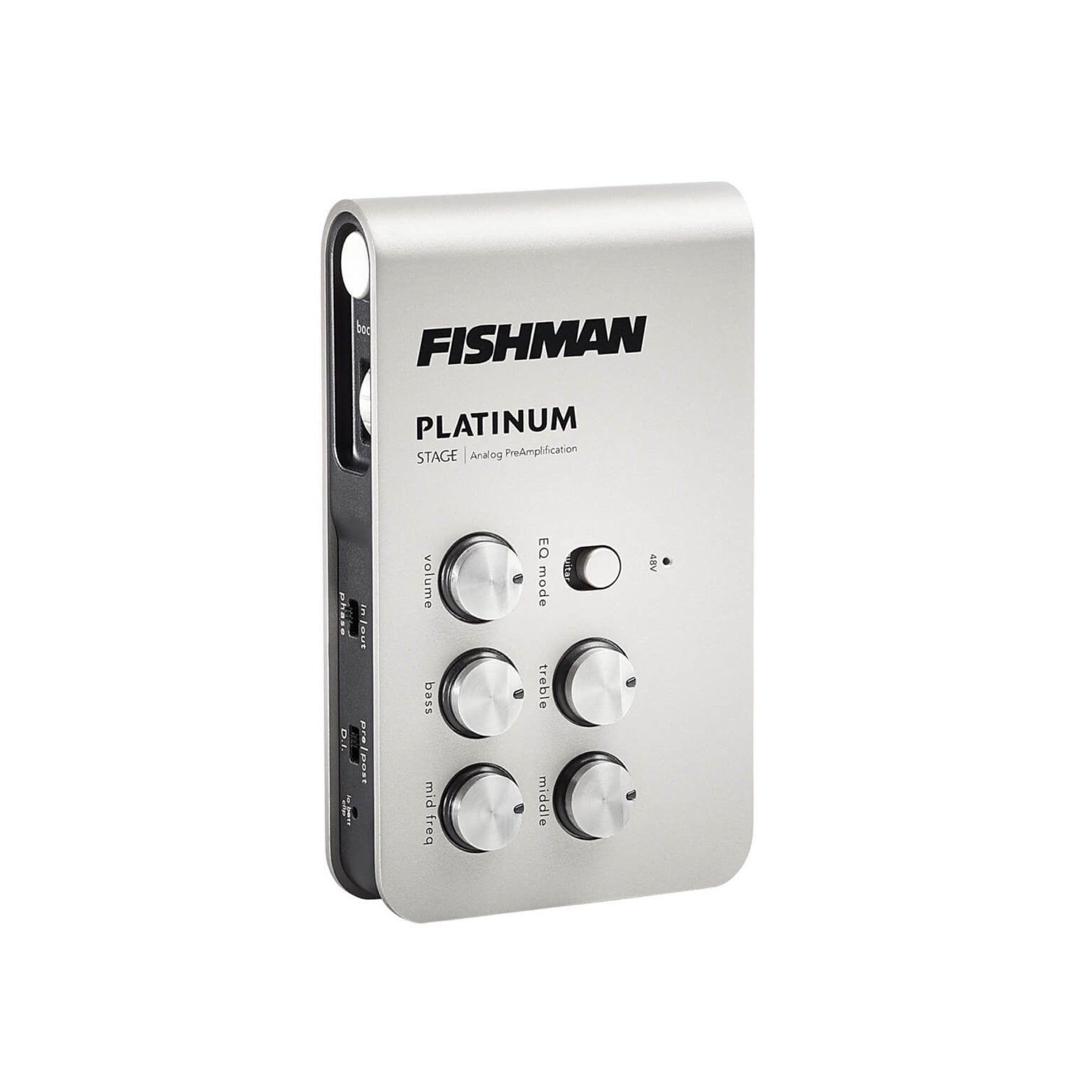 Fishman Platinum Stage EQ/DI preamp, three-quarter view of the brushed silver face and the boost button on the side