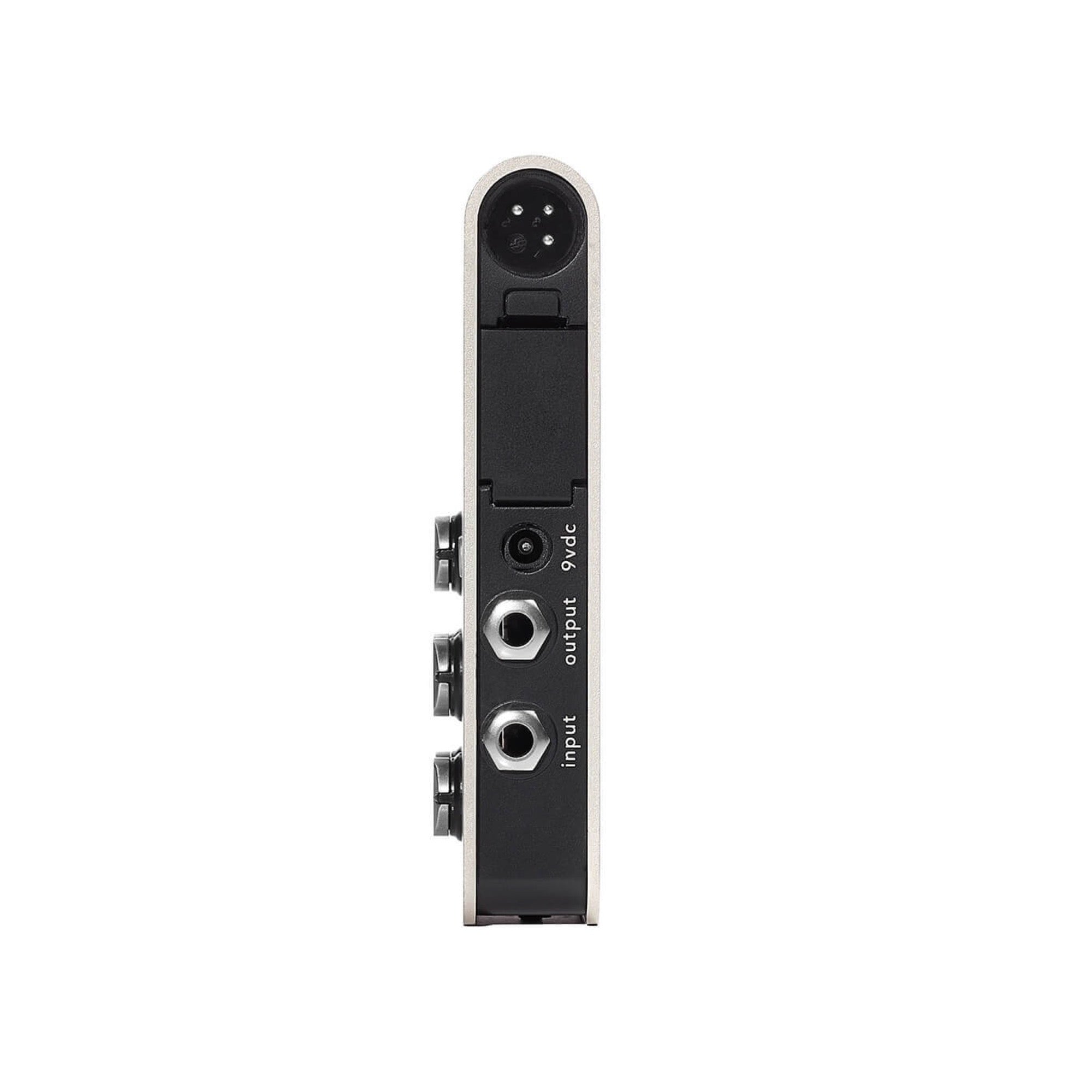 Fishman Platinum Stage EQ/DI preamp, jack side with the XLR D.I. output, 9V DC inlet, output and input jacks