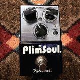 Fulltone PlimSoul, dark blue and silver: top with the Level, Sustain, Hi-Cut and Stage 2 knobs, two LEDs, the footswitch and a small paint chip above the logo