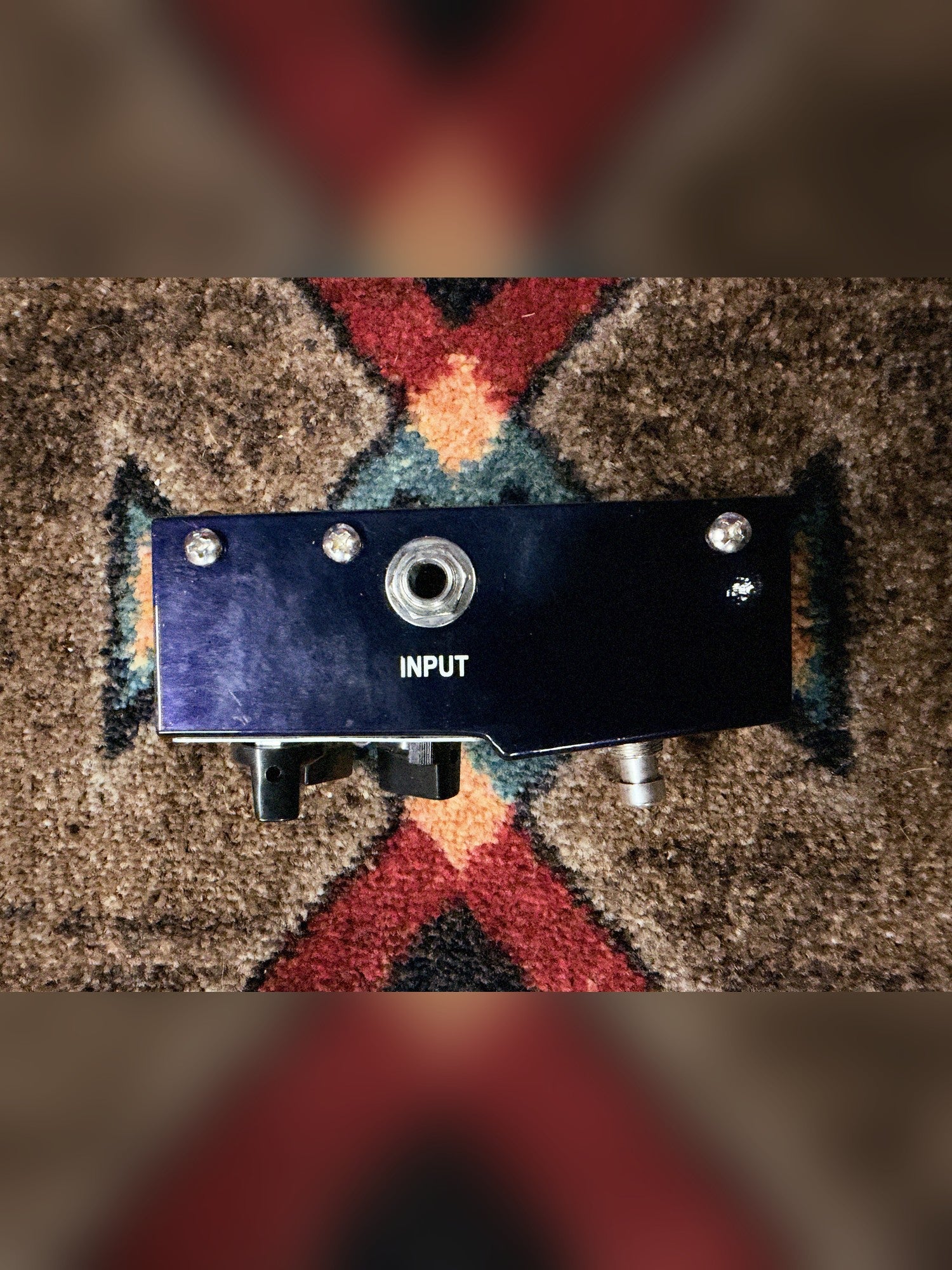 Fulltone PlimSoul, dark blue and silver: right side with the input jack and a small paint chip near the back end