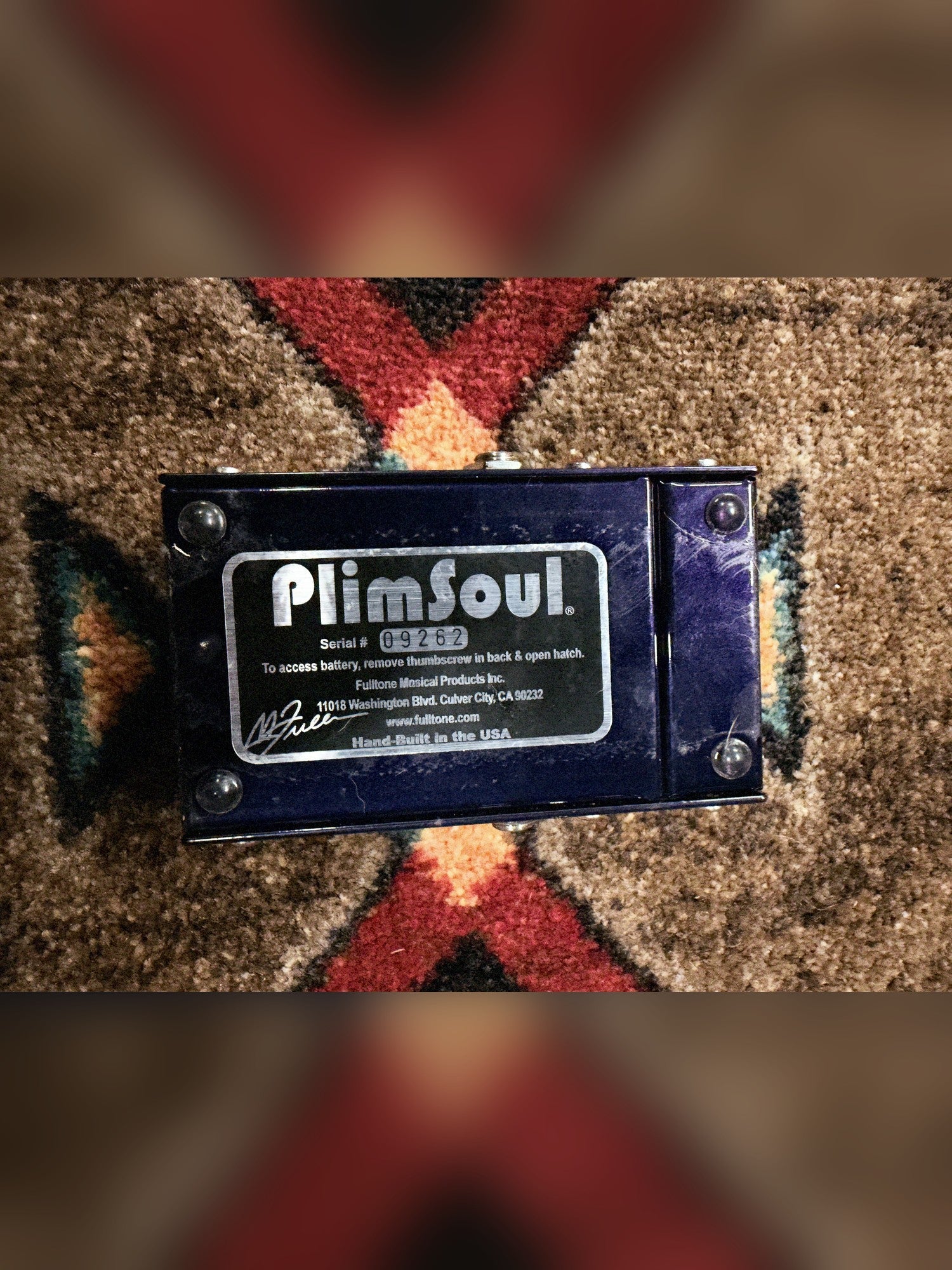 Fulltone PlimSoul, dark blue and silver: bottom label reading PlimSoul, serial 09262, Fulltone Musical Products, Culver City, Hand-Built in the USA