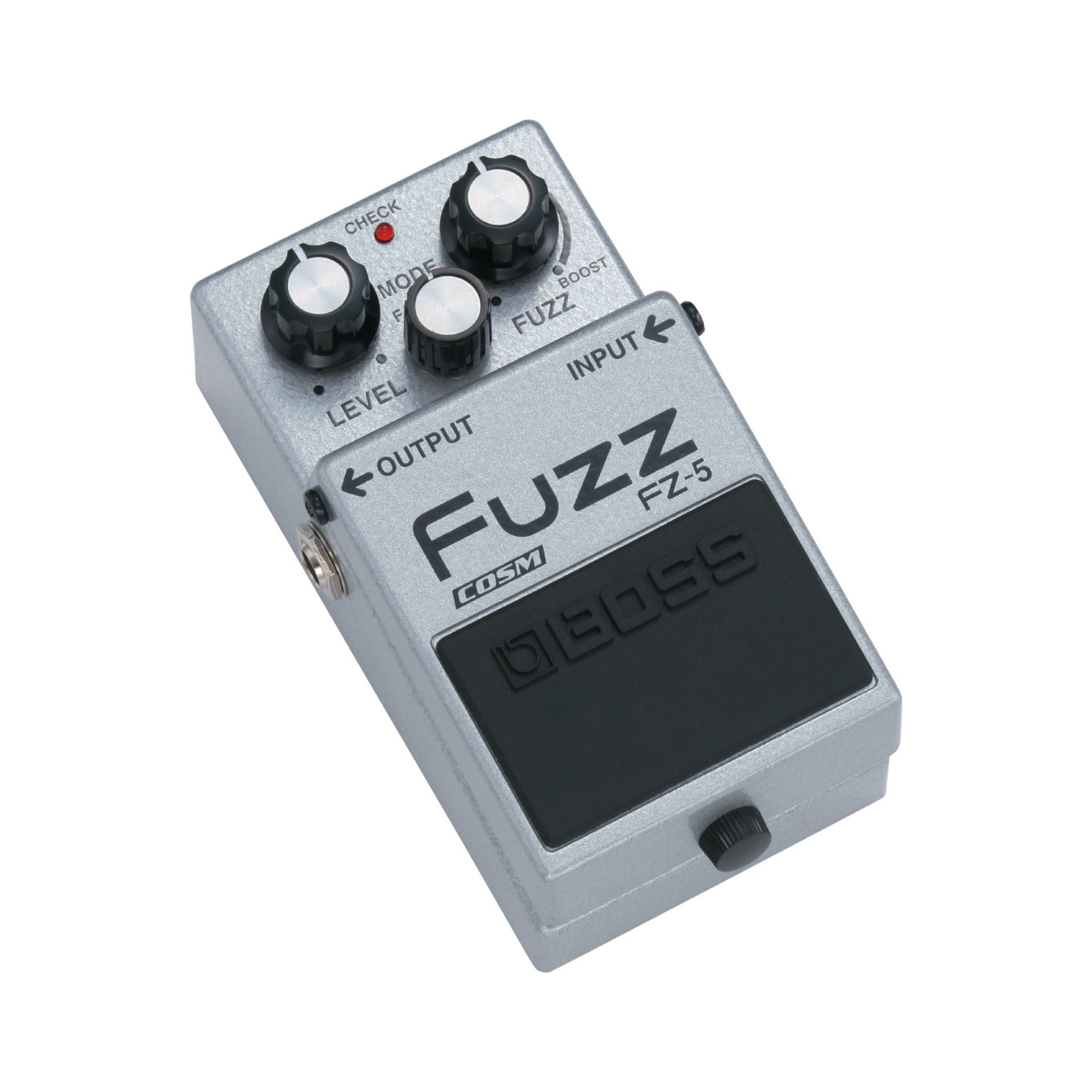 Boss FZ-5 Fuzz angled three-quarter view showing the input and output jacks and the footswitch