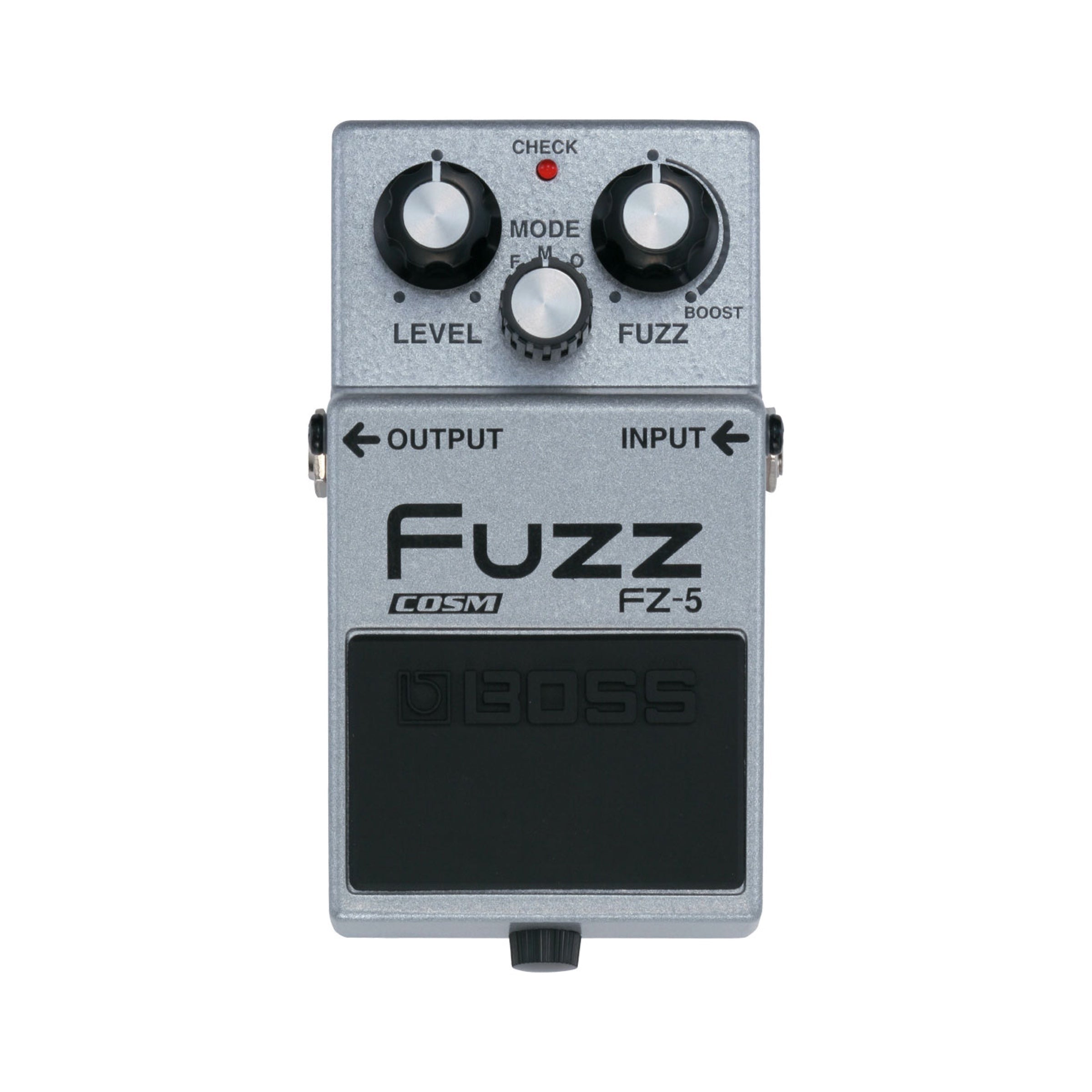 Boss FZ-5 Fuzz, silver enclosure, top view showing the Level, Mode and Fuzz knobs with the Boost range marked and the COSM badge