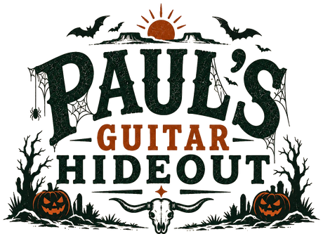 Paul's Guitar Hideout Halloween logo: the shop name with pumpkins, bats and a longhorn skull