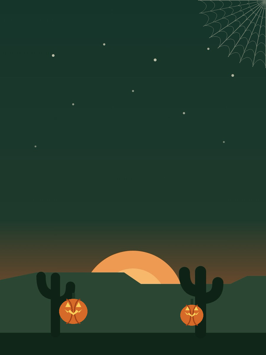 Paul's Guitar Hideout dusk desert hero, portrait, with jack-o-lanterns; the ghost, a UFO, bats and a witch animate on the page. Slide 1 mobile, Halloween 2026.