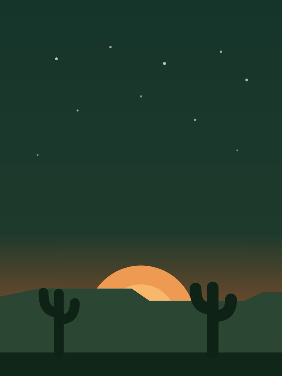 Paul's Guitar Hideout — dusk desert hero, portrait/mobile v2 (scene dropped low so headline and button sit on clean sky). Slide 1 mobile.