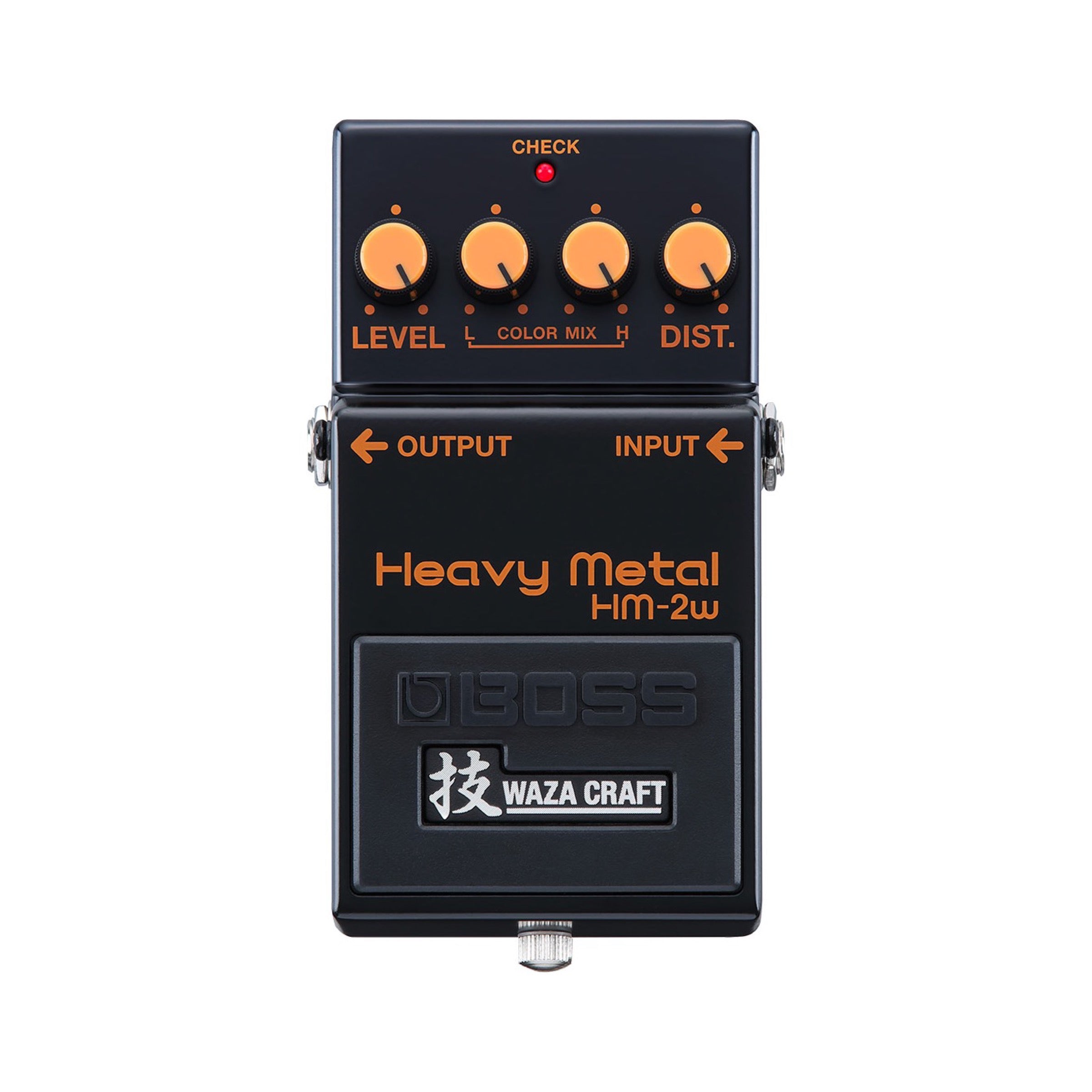 Boss HM-2W Heavy Metal pedal, orange and black enclosure with mode switch, DIST. knob, COLOR MIX H knob, COLOR MIX L knob, LEVEL knob, and pedal switch.