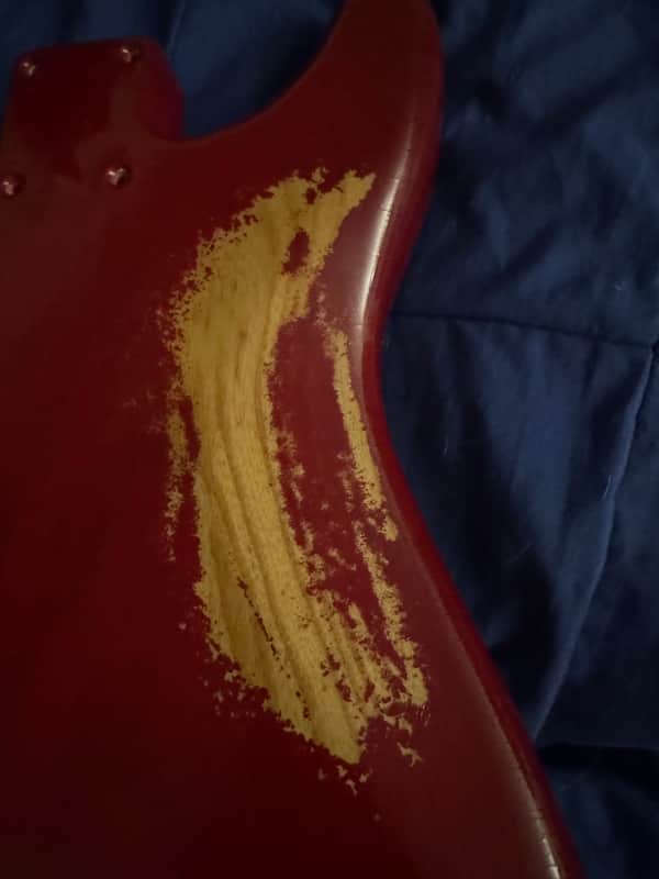 Late 70s Fender Lead Body Red - back upper bout wear close-up - Pauls Guitar Hideout
