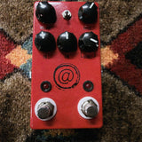 JHS AT+, red: top with the Volume, Drive, EQ, Air and Boost knobs, the three-way toggle, the @ logo and both footswitches