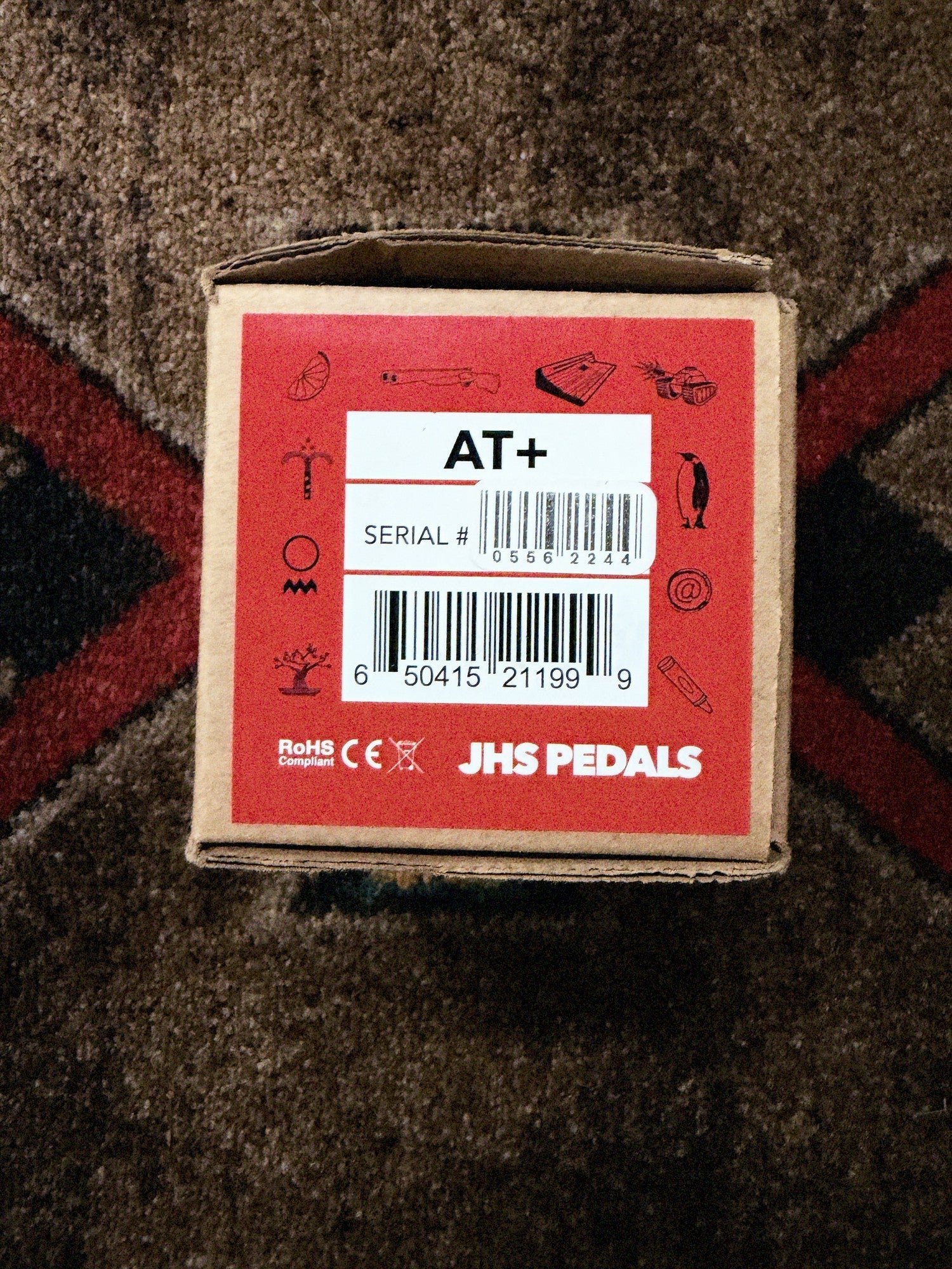 JHS AT+, red: end of the box with the AT+ label, the serial sticker and the barcode