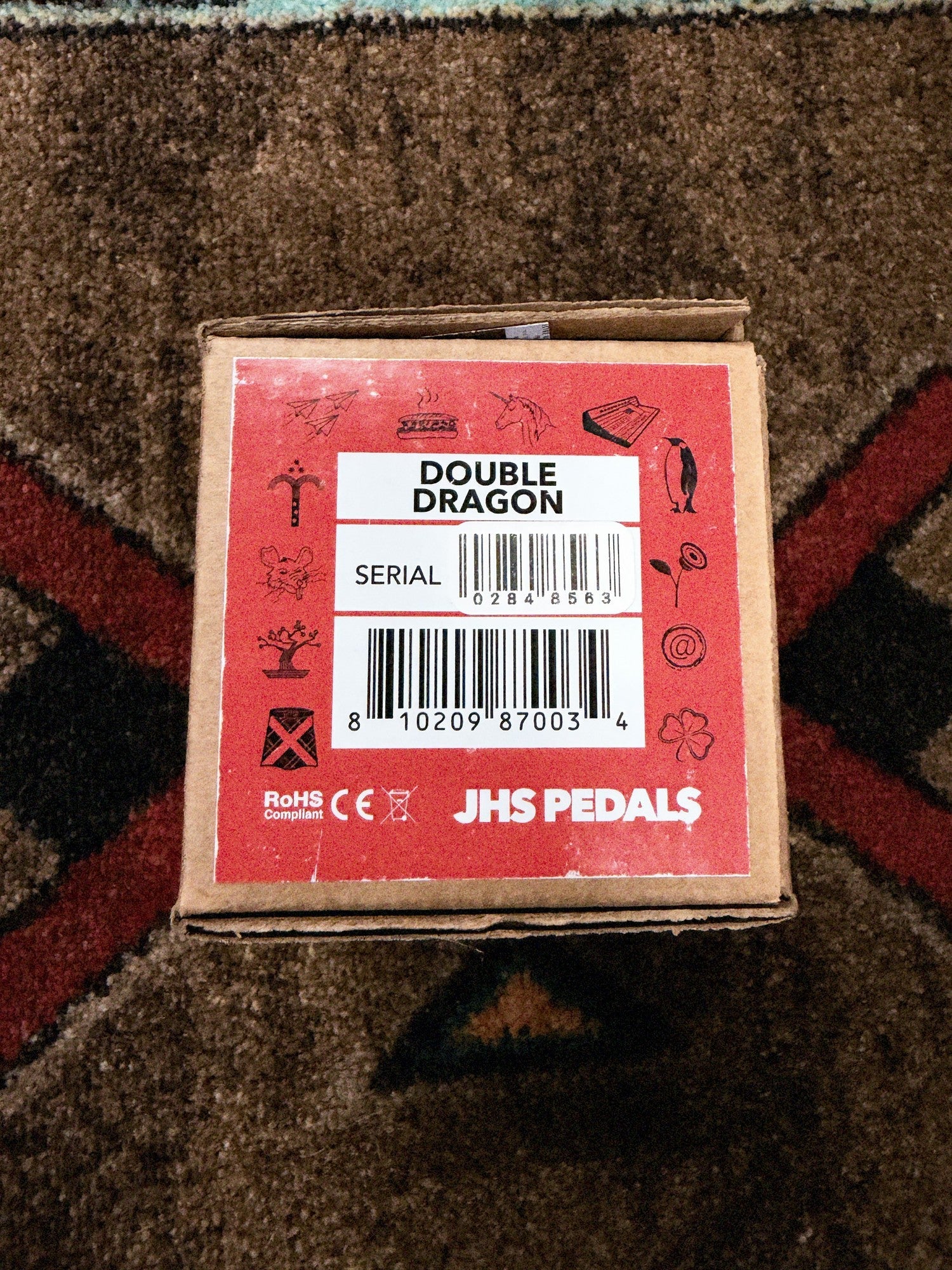 JHS Double Dragon Lo-Fi Octave Device, yellow: box end label reading Double Dragon with serial 0284 8563, the same as the pedal