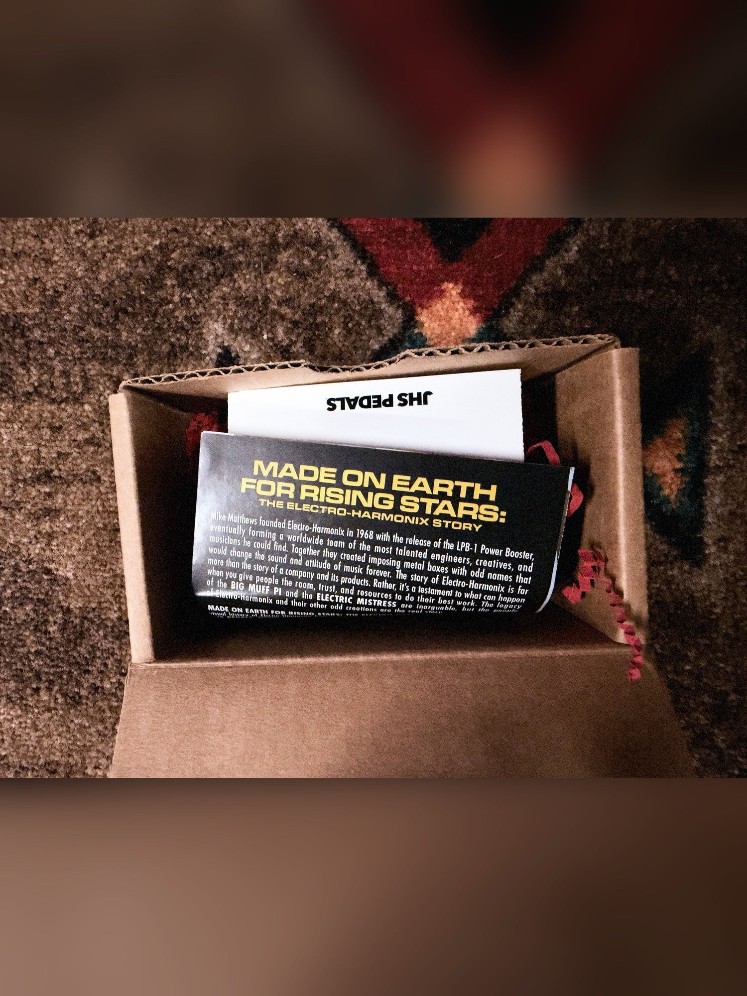 JHS Double Dragon Lo-Fi Octave Device, yellow: the open box with a JHS Pedals card and a book flyer inside