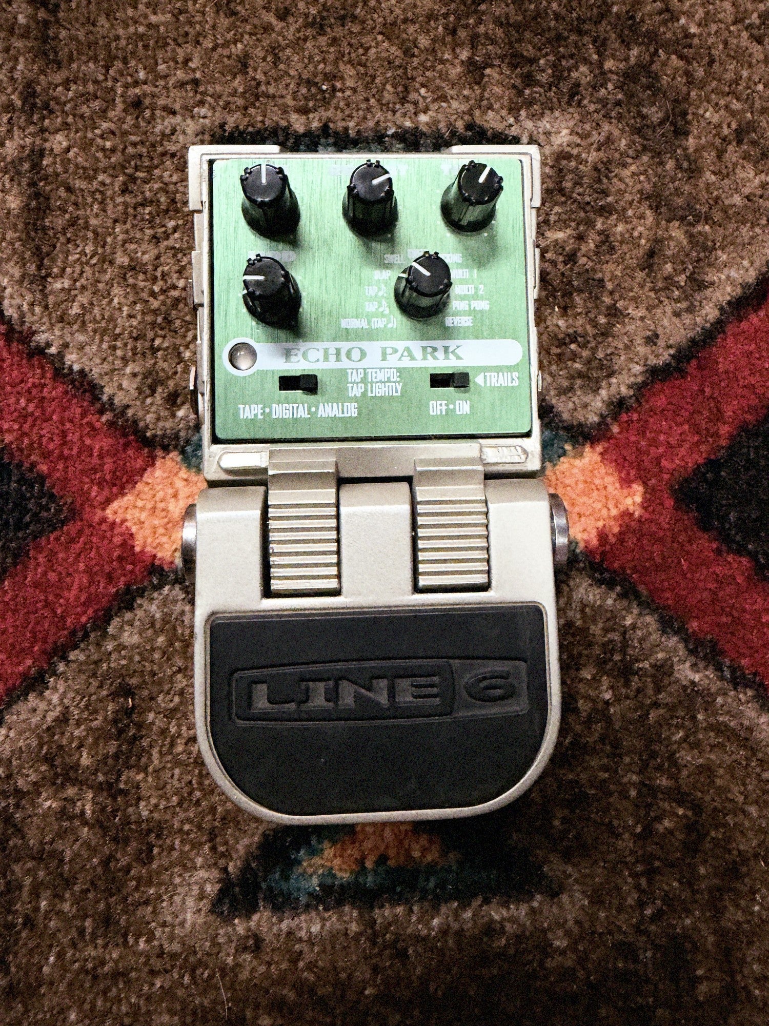 Line 6 ToneCore Echo Park Delay, green: top with the Echo Park panel, its five knobs, the Tape Digital Analog and Trails switches and the Line 6 treadle