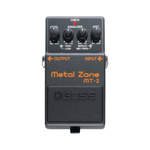 Boss MT-2 Metal Zone pedal, black enclosure with DIST, MID FREQ, HIGH/LOW, and LEVEL knobs